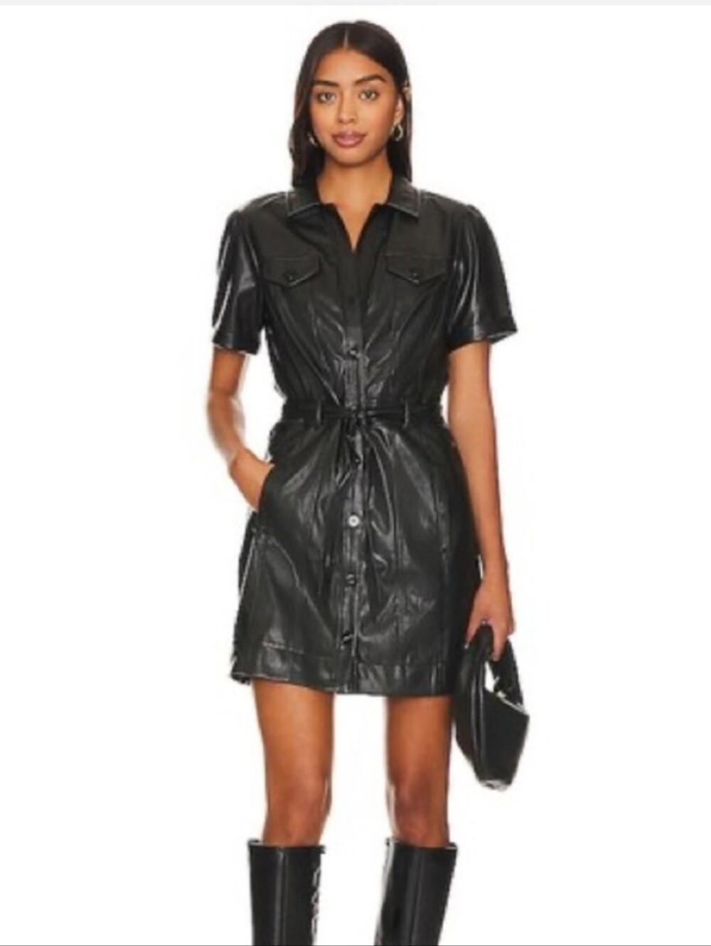 Paige Mayslie Black Vegan Leather Utility Button Down Trench/Dress Sz Large